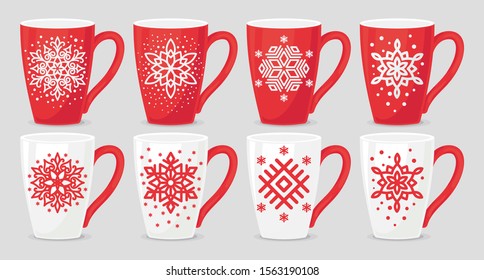 Set of Christmas mug decorated with snowflakes. Christmas decoration, gift, kitchen utensils, winter drink, coffee, tea.Vector illustration, objects isolated, cartoon. Simbols, icons, stickers