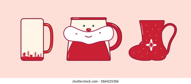 Juego de tazas navideñas en ilustración vectorial plana