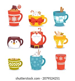 Set of Christmas Mugs with Hot Drinks. Winter Cups with Beverages and Decoration for Wintertime Season Holidays. Cocoa with Marshmallow, Coffee, Tea with Cinnamon. Cartoon Vector Illustration, Icons