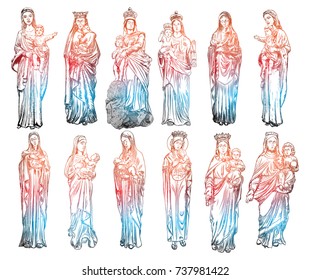 Set of Christmas nativity scene of Virgin Mary holding baby Jesus, hand drawn sketch for Christmas holiday template. Saint Mary and holy baby religious holiday scene.Vector. 