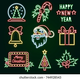 Set christmas neon sign. Neon sign, bright signboard, light banner. Vector icons