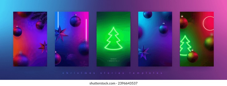 Set of Christmas neon stories template. Modern design vertical set for poster, greeting card, invitations. Vibrant neon combinations.