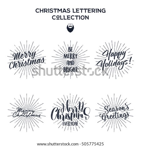 Set of Christmas , New Year 2017 lettering, wishes, sayings and vintage labels. Season's greetings calligraphy. Holiday typography design. Vector isolated. Letters composition with sun bursts, beard.