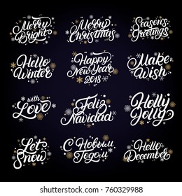 Set of Christmas and New Year 2018 quotes. Hand written lettering with golden falling snow and snowflakes. Inspirational phrases for greeting card, photo overlay, print. Perfect calligraphy. Vector.