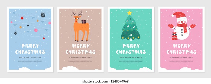 Set of Christmas and New year 2019 snow postcards. Flat holiday postcard template. Collection color postcards with deer, christmas tree, christmas decoration and snowman