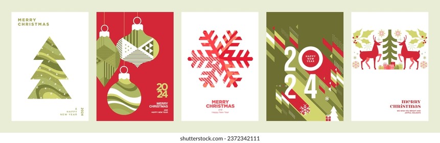 Set of Christmas and New Year 2024 greeting cards. Vector illustration concepts for graphic and web design, social media banner, marketing material.