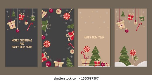 Set of christmas and new year backgrounds for social media stories. Colorful banners with new year elements. Use for event invitation, discount voucher, advertising, greeting card.