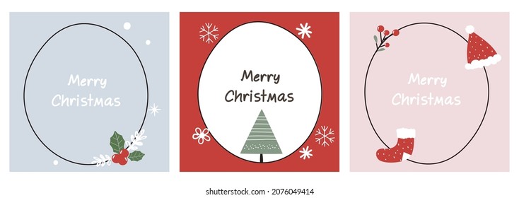 Set of Christmas or New year backgrounds with snowflakes, holly leaves, sock and Santa hat  vector illustration.