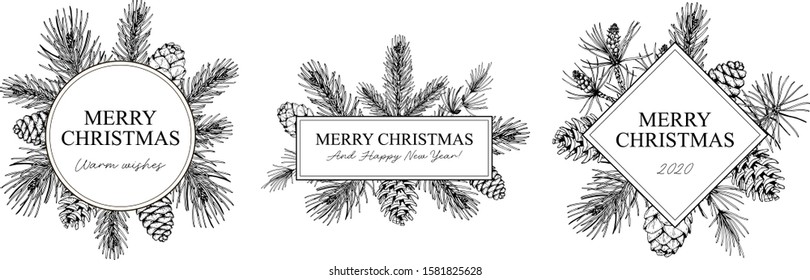 Set of Christmas and New Year badges for greeting cards, invitations, prints. Frame in vintage style with hand drawn elements isolated on white. Place for text