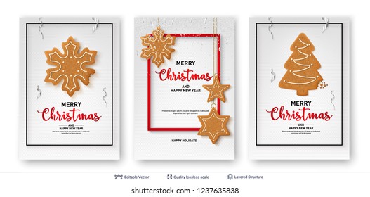 Set of Christmas and New Year banner templates. Gingerbread cookies and text on light background. Traditional holiday decorative treat.