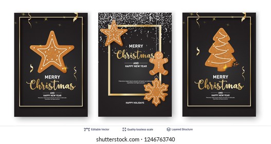 Set of Christmas and New Year banner templates. Gingerbread cookies and text on dark background. Traditional holiday decorative treat.