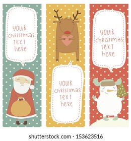 A set of Christmas and New Year banners. Share the Christmas cartoon characters. Santa Claus, Snowman, Rudolph.