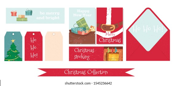 Set of Christmas and New Year Banners, Tags and Design Elements. Santa Claus Attributes, Gifts, Fir Tree, Open Envelope, Fireplace, Ribbon Isolated on White Background Cartoon Flat Vector Illustration