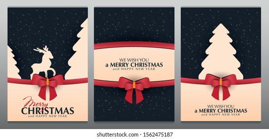 Set of Christmas and New Year banners. Xmas greeting card with red bow and snowflakes