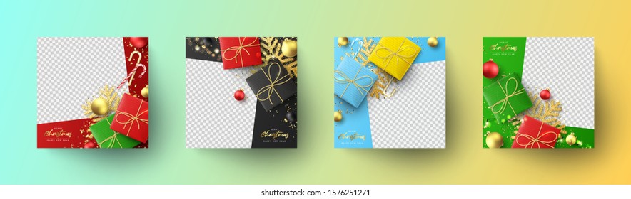 Set Christmas and New Year banners. Holiday social media posts. Social media banners for promote goods and festive congratulations. Vector illustration with greeting card.