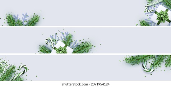 Set of Christmas and New Year banners. Green fir, snowflake, candy cane, gift box. Top view. Space for text. Vector illustration.