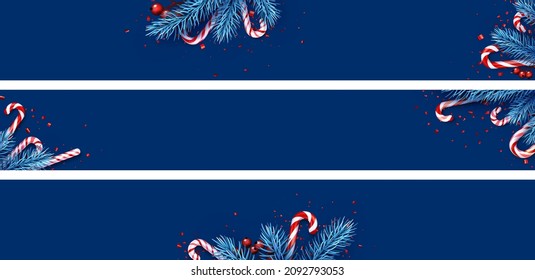 Set of Christmas and New Year banners. Blue background with fir branches, red berries, striped candy cane and confetti. Vector illustration.