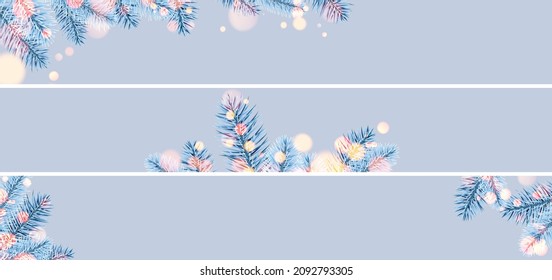 Set of Christmas and New Year banners. Winter background with blue fir branches and bokeh lights. Vector illustration.