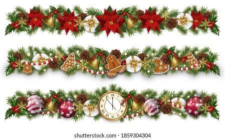 Weihnachten- und Neujahrsdekorationen mit Gartenland, goldenen Glocken, Weihnachtsblumen, Poinsettia etc. Design-Element für Weihnachtskarte oder Banner auf weißem Hintergrund. Vektorgrafik.