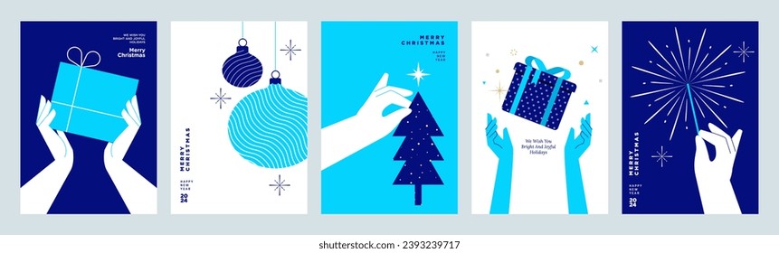 Set of Christmas and New Year business greeting cards. Vector illustration concepts for graphic and web design, social media banner, marketing material.