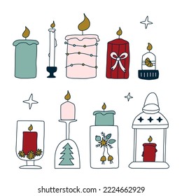 Set of Christmas and New Year candles. Festive candlestick for warmth and comfort in the house. Aromatherapy, interior decor. Evening and home lights. Flat and doodle vector illustration