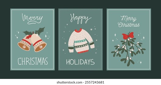 Set of Christmas and New Year card. Elegant greeting cards with mistletoe bouquet, christmas bells, winter sweater. Hand drawn vector illustration templates