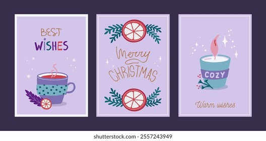 Set of Christmas and New Year card. Elegant greeting cards with mulled wine, orange slice, candle. Hand drawn vector illustration templates
