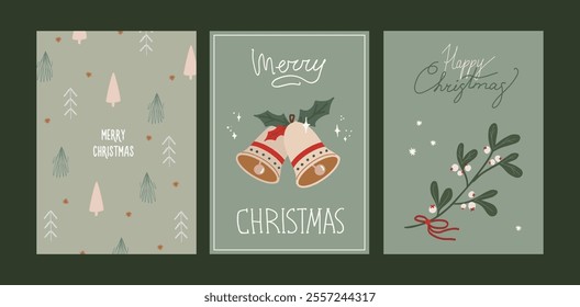 Set of Christmas and New Year card. Elegant greeting cards with christmas bells, mistletoe, fir. Hand drawn vector illustration templates