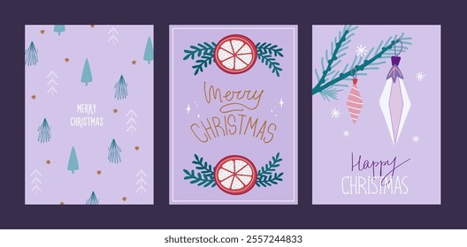 Set of Christmas and New Year card. Elegant greeting cards with fir, christmas decoration, orange slice. Hand drawn vector illustration templates