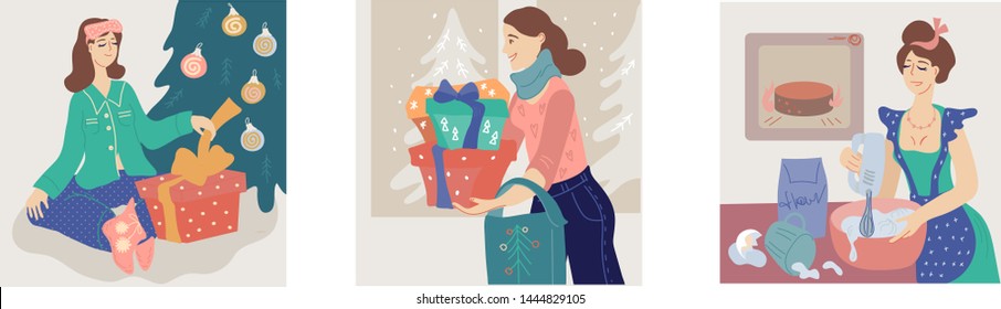 A set of Christmas and New Year cards with the image of women preparing for a holiday celebration, as well as opening gifts and having fun with friends at a party.