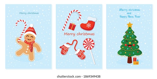 Set of Christmas and New Year cards with a gingerbread man, a tree, mittens, socks and candies. Vector illustration for a Christmas card. Text can be added and replaced.