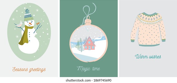 Set of Christmas and New Year cards with forest house, snowman and hand knitted sweater. Christmas Season and Winter Family celebration. Flat style vector. Scrapbooking and December daily memorabilia.