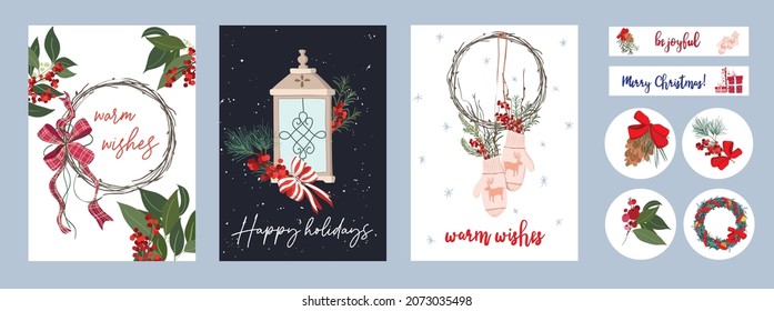 Set of Christmas and New Year cards or invitations. A set of stickers and tags for gifts. Christmas bouquets and compositions. Festive mood