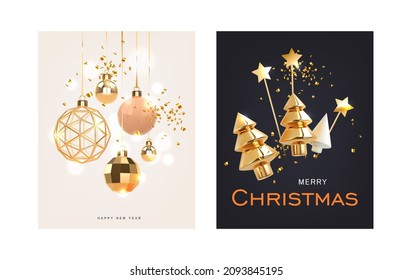 Set of Christmas and New Year cards. White and black winter holiday background with xmas ornaments, hanging gold balls and tree, confetti in a modern 3d realistic style.Vector illustration