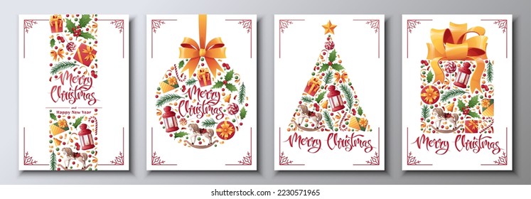 Set of Christmas and New Year cards with festive decor. Christmas ball, tree, gift. Great for invitations, cards, posters, banners.