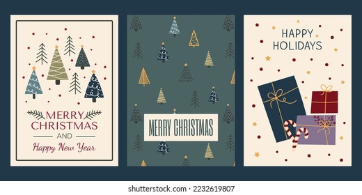 Set of Christmas and New Year cards with Christmas tree, gifts, winter elements. Christmas and New Year posters. Happy Holidays!