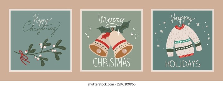 Set of christmas and new year cards with hand drawn illustrations of christmas symbols in retro style