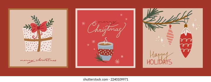 Set of christmas and new year cards with hand drawn illustrations of christmas symbols in retro style