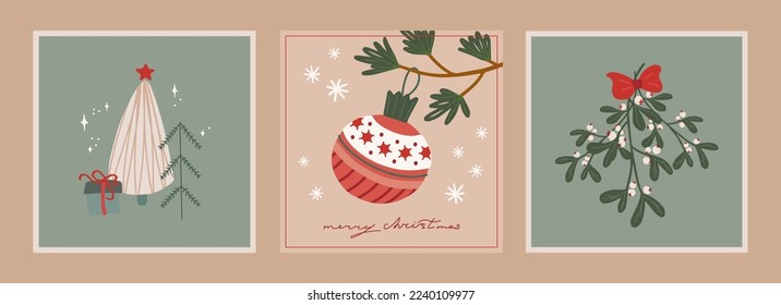 Set of christmas and new year cards with hand drawn illustrations of christmas symbols in retro style