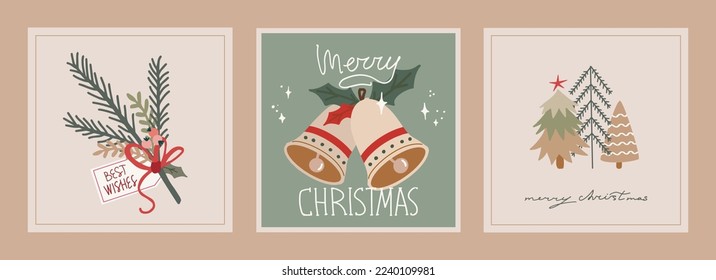 Set of christmas and new year cards with hand drawn illustrations of christmas symbols in retro style