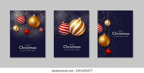 Set Weihnachts- und Neujahrskarten. Weihnachtshintergrund mit Weihnachtsdekorationen. Illustration Vorlage für Grußgeschenk, Einladung, Broschüre, Cover. Vektorgrafik