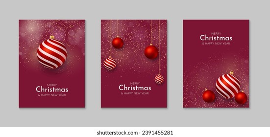 Set of Christmas and New Year cards. Holiday background design with christmas decorations. Illustration template for greeting, invitation, brochure, cover. Vector