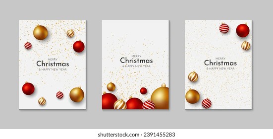 Juego de tarjetas de Navidad y Año Nuevo. Diseño de fondo de vacaciones con decoración navideña. Plantilla de ilustración para saludo, invitación, folleto, portada. Vector