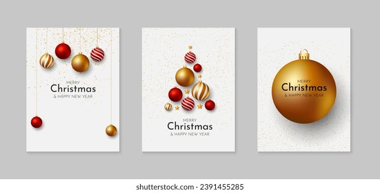 Set of Christmas and New Year cards. Holiday background design with christmas decorations. Illustration template for greeting, invitation, brochure, cover. Vector