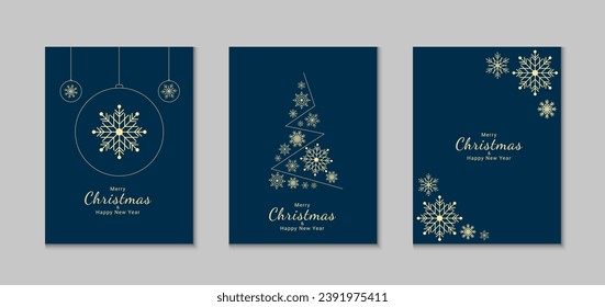 Set of Christmas and New Year cards. Flat holiday background design with xmas decorations. Illustration template for greeting, invitation, brochure, cover. Vector