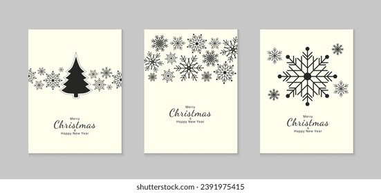 Set of Christmas and New Year cards. Flat holiday background design with xmas decorations. Illustration template for greeting, invitation, brochure, cover. Vector