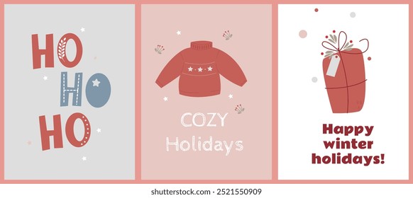 a set of Christmas and New Year cards with a sweater, a gift and holiday inscriptions