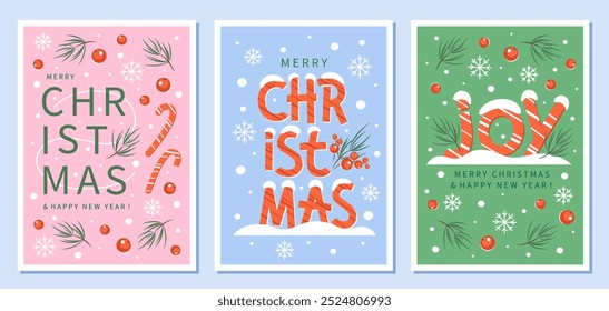 Set of Christmas and New Year cards. Fashionable modern design with snowflakes, сhristmas tree and winter berries. Vector illustration templates for banner, holiday cover, marketing.