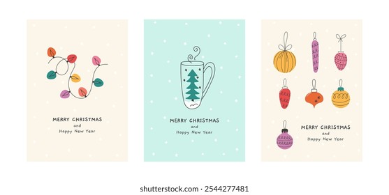 Set of Christmas and New Year cards with funny illustrations. Hand drawn