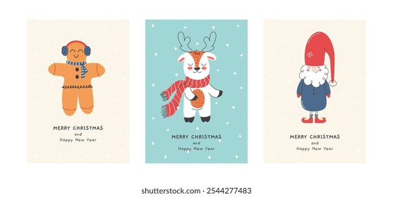 Set of Christmas and New Year cards with funny illustrations. Hand drawn